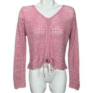 Jolie & Joy Pink Open Crochet Knit Scalloped Hem Cinched Front Sweater XL